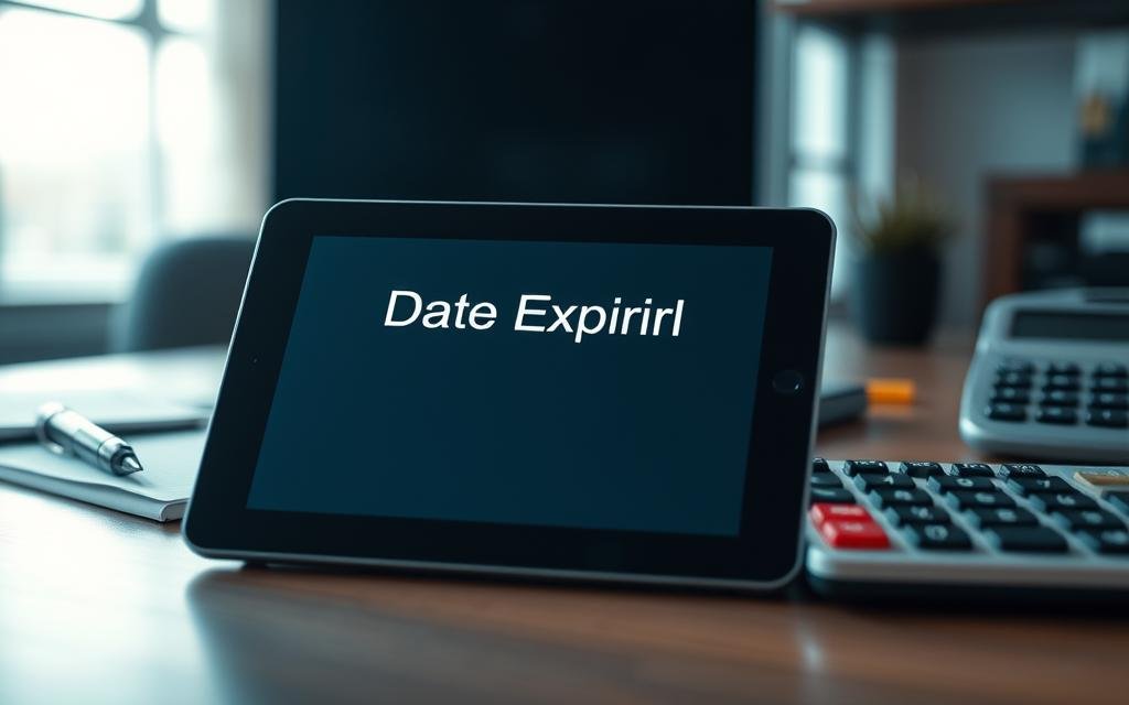 A clear, close-up view of a digital device displaying a "Date Expiration" notification on a sleek screen, surrounded by professional office supplies like a notepad, a pen, and a calculator to symbolize account management. The foreground features the device prominently, while the middle layer contains the surrounding items and a blurred background suggesting an organized workspace with soft lighting. The atmosphere is focused and diligent, showcasing an efficient work environment. Ensure the lighting is bright but not harsh, highlighting the details on the screen. The overall mood conveys careful attention to detail and professionalism, ideal for a business context. No people are present, allowing the items to convey the theme. A clear, close-up view of a digital device displaying a "Date Expiration" notification on a sleek screen, surrounded by professional office supplies like a notepad, a pen, and a calculator to symbolize account management. The foreground features the device prominently, while the middle layer contains the surrounding items and a blurred background suggesting an organized workspace with soft lighting. The atmosphere is focused and diligent, showcasing an efficient work environment. Ensure the lighting is bright but not harsh, highlighting the details on the screen. The overall mood conveys careful attention to detail and professionalism, ideal for a business context. No people are present, allowing the items to convey the theme.
