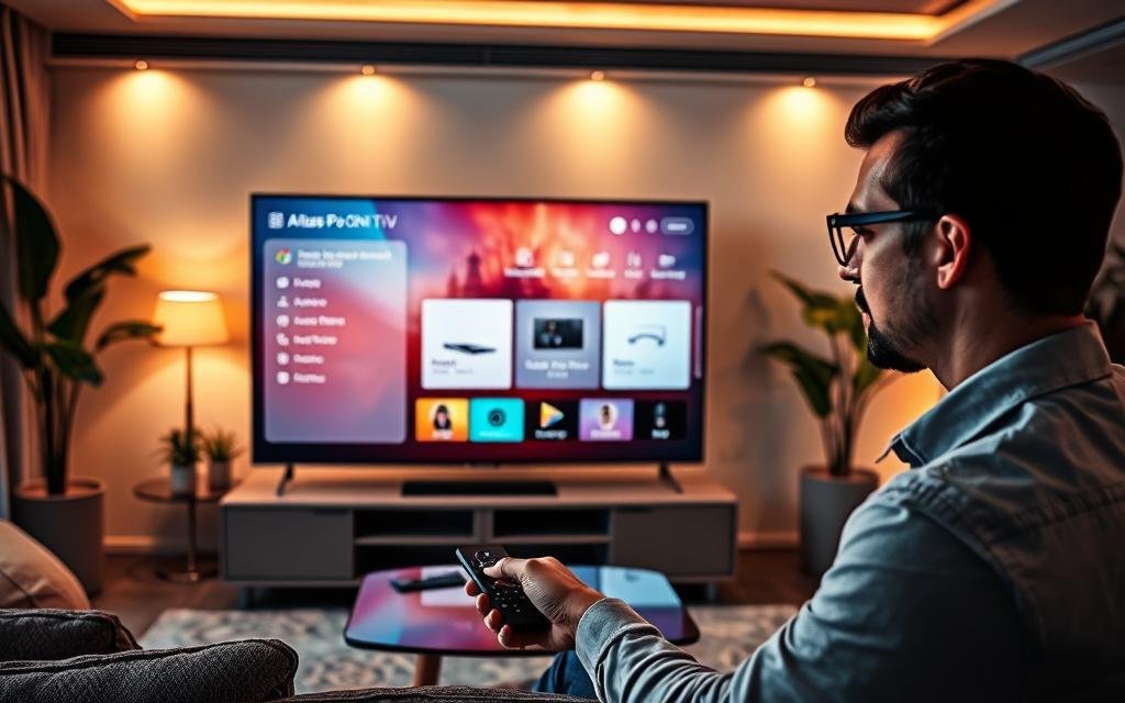 A modern living room scene featuring a sleek Android TV displaying the Atlas Pro ONTV interface. In the foreground, a person in smart casual attire is interacting with a remote control, their focus on the screen. The middle layer showcases the TV with a vibrant interface showcasing installation and configuration options for the Atlas Pro ONTV app. In the background, soft ambient lighting enhances the cozy atmosphere, with stylish furniture and plants that create an inviting environment. The image is well-lit, capturing the clarity of the TV display and the user's expression of interest. Aim for a warm, engaging mood that reflects innovation and accessibility in home entertainment.