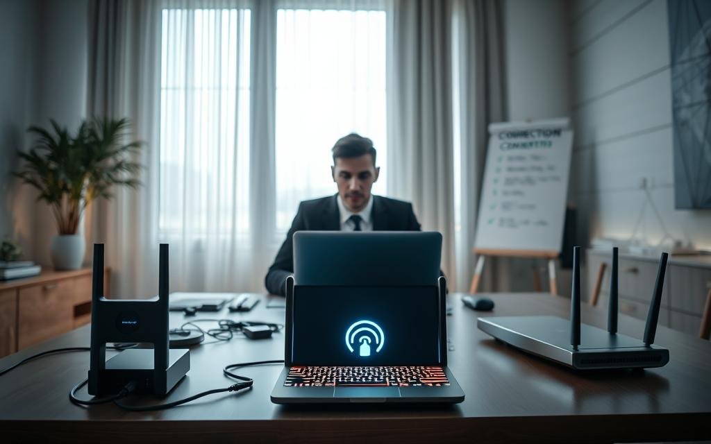 A professional and serene home office environment showcasing a person in business attire sitting at a modern desk. In the foreground, the individual is focused on a laptop displaying a stable internet connection icon, indicating a strong connection. The middle layer features a sleek modem and router, glowing with lights that signal connectivity, alongside other tech devices neatly arranged. In the background, a large window allows soft, natural light to illuminate the space, creating a bright and inviting atmosphere. A whiteboard with connection troubleshooting steps is subtly visible on one side, enhancing the theme of preparation and verification. The mood is calm yet productive, reflecting the importance of having a reliable internet connection before starting any installation.