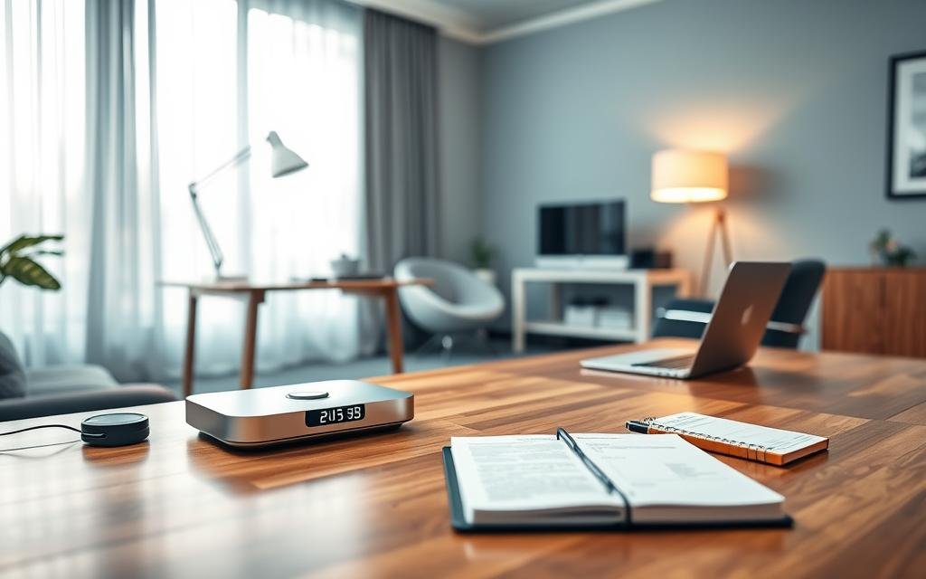 A sleek and modern home office setup focused on the Atlas Pro ONTV device. In the foreground, prominently display the Atlas Pro ONTV on a polished wooden desk, showcasing its elegant design with smooth metallic finishes and an illuminated interface. In the middle ground, arrange ergonomic office furniture and accessories like a stylish laptop, desk lamp casting warm illumination, and a notepad with notes, suggesting a preparation for installation. The background features a softly lit room with a large window, allowing natural light to filter through sheer curtains, creating a calm and inviting atmosphere. The color palette should evoke professionalism with soft blues and greys, promoting a sense of clarity and focus. The angle is slightly elevated, providing a comprehensive view of the setup, emphasizing organization and readiness for use.