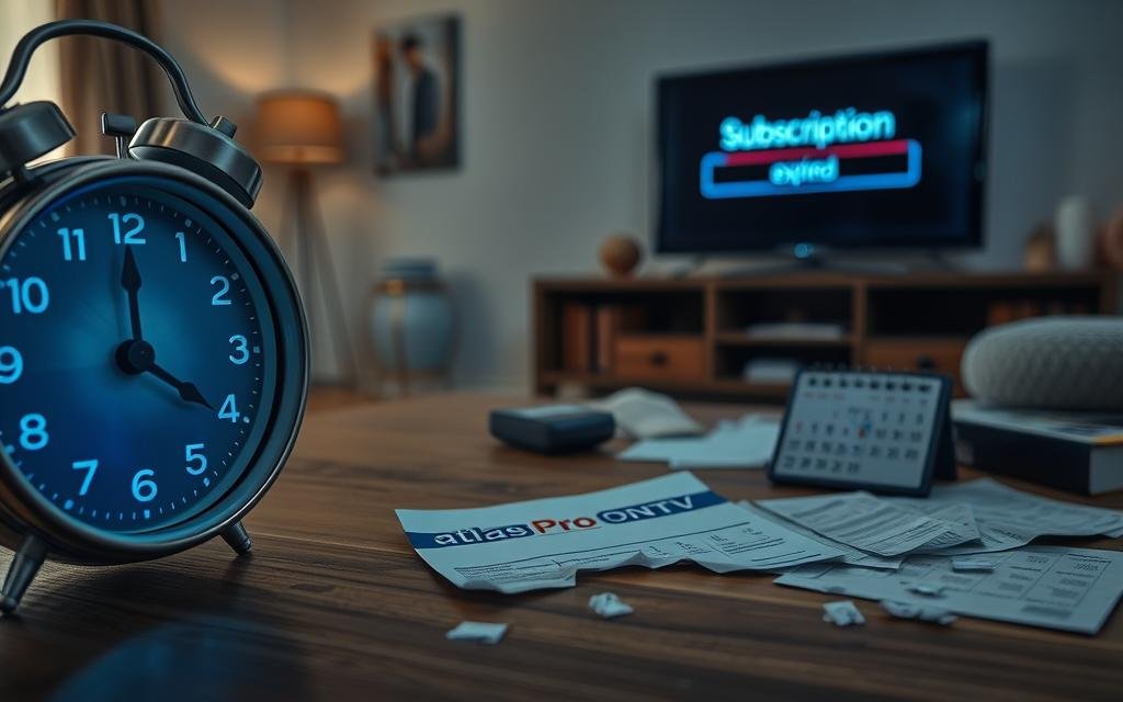 A thoughtful and evocative scene illustrating the concept of "expiration" related to subscriptions. In the foreground, a digital clock showing an approaching deadline, its numbers glow faintly, casting a blue hue. In the middle ground, a torn subscription card for "Atlas Pro ONTV," lying on a wooden table, surrounded by scattered receipts and an expired calendar, symbolizing time running out. The background features a softly blurred living room, with a television screen displaying a "subscription expired" message, enhancing the mood of loss and urgency. Soft, ambient lighting creates a reflective atmosphere, emphasizing the significance of time and the emotional weight of expiration. The entire composition invites contemplation on the implications of expiration in a modern digital context. A thoughtful and evocative scene illustrating the concept of "expiration" related to subscriptions. In the foreground, a digital clock showing an approaching deadline, its numbers glow faintly, casting a blue hue. In the middle ground, a torn subscription card for "Atlas Pro ONTV," lying on a wooden table, surrounded by scattered receipts and an expired calendar, symbolizing time running out. The background features a softly blurred living room, with a television screen displaying a "subscription expired" message, enhancing the mood of loss and urgency. Soft, ambient lighting creates a reflective atmosphere, emphasizing the significance of time and the emotional weight of expiration. The entire composition invites contemplation on the implications of expiration in a modern digital context.