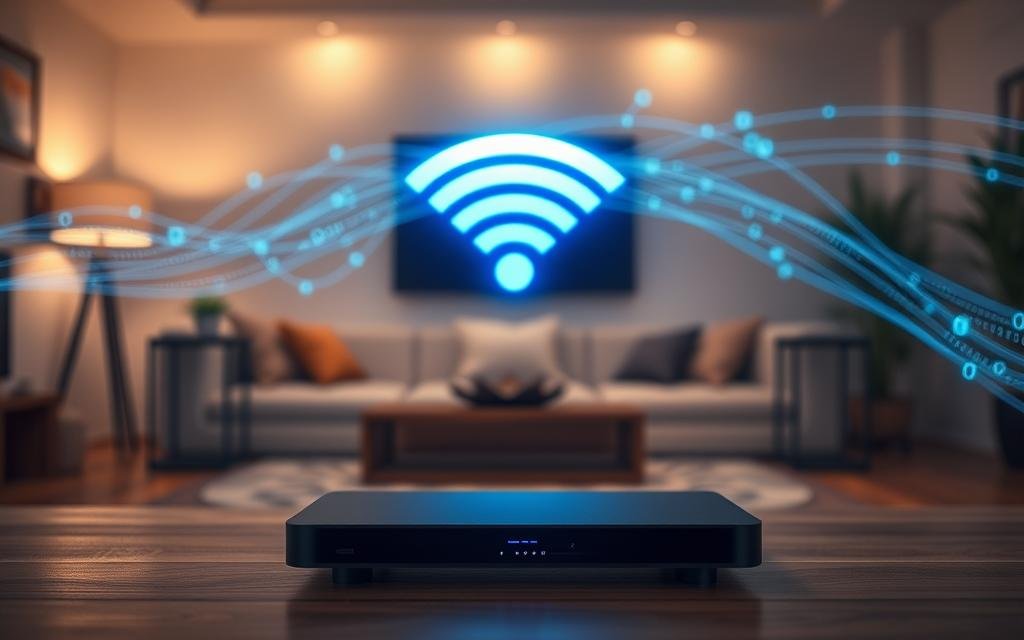 A visually striking and modern representation of a stable internet connection. In the foreground, a sleek, minimalist Android TV device sits prominently, displaying a glowing Wi-Fi symbol that radiates vibrant blue hues, symbolizing connectivity. The middle ground features an abstract depiction of data flowing seamlessly, represented by dynamic lines and binary code subtly integrated into the design, conveying speed and reliability. The background includes a soft-focused living room setting with a cozy atmosphere, illuminated by warm, ambient lighting, suggesting a safe and inviting space for entertainment. The overall mood is one of technological efficiency and comfort, emphasizing the importance of a strong internet connection for optimal streaming experiences.